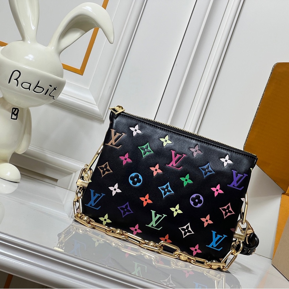 Louis Vuitton LV Monogram Multicolor Black Leather Shoulder Bag with Strap